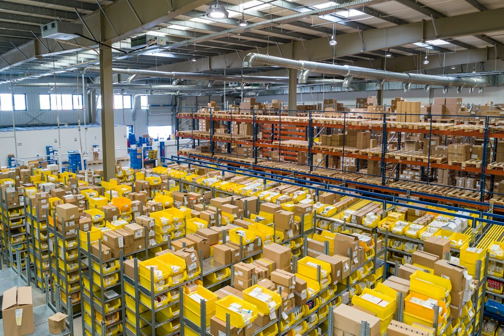 Distribution warehouse with cartons on racking